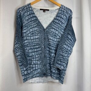 Fever Alligator‎ Print Button Down Cardigan Sweater Blue Knit Size Women's M